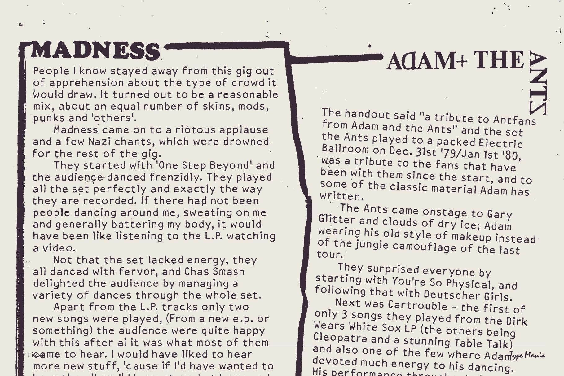 Magazine article spread with hand-drawn border boxes discussing Madness concert