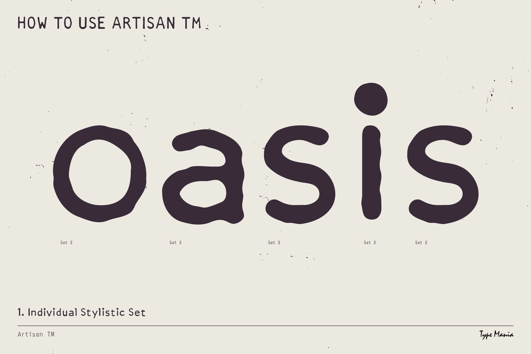 Bold sans serif letters spelling oasis in dark purple on cream background