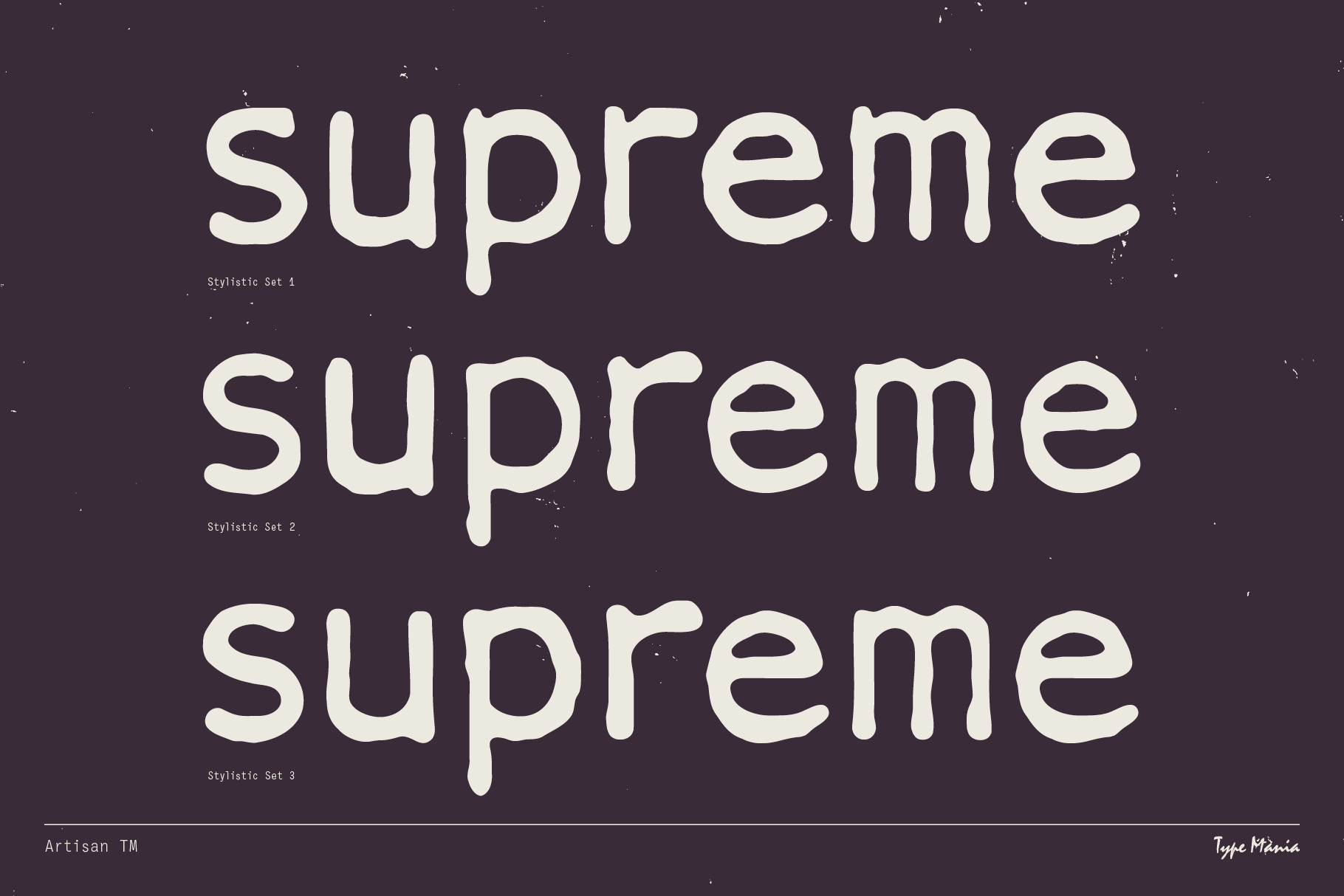 Supreme word repeated three times showing different stylistic font variations