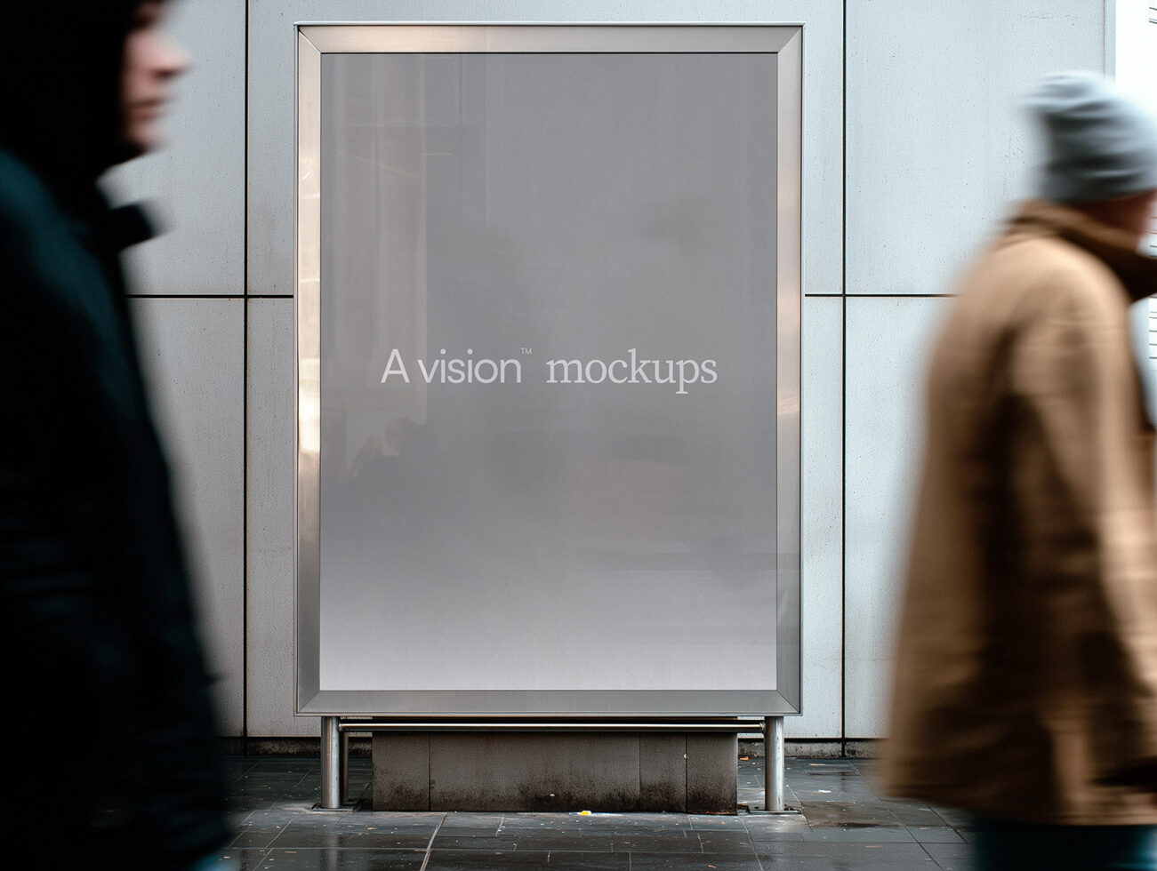 Blank lightbox mockup on urban storefront with neutral gray screen background
