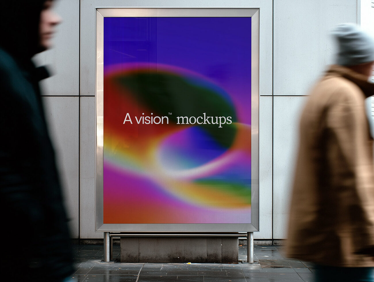 Street-level lightbox display showing vibrant rainbow gradient swirl with sample text overlay