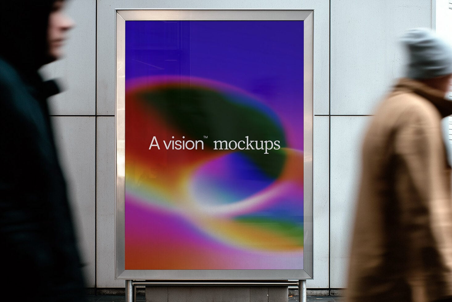 Street-level lightbox mockup showing colorful gradient swirl design on storefront window