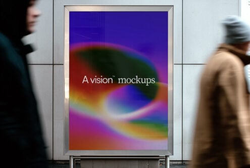 Street-level lightbox mockup showing colorful gradient swirl design on storefront window