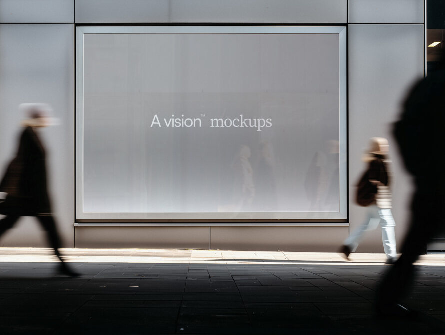 Blank street billboard on modern storefront with minimal gray background
