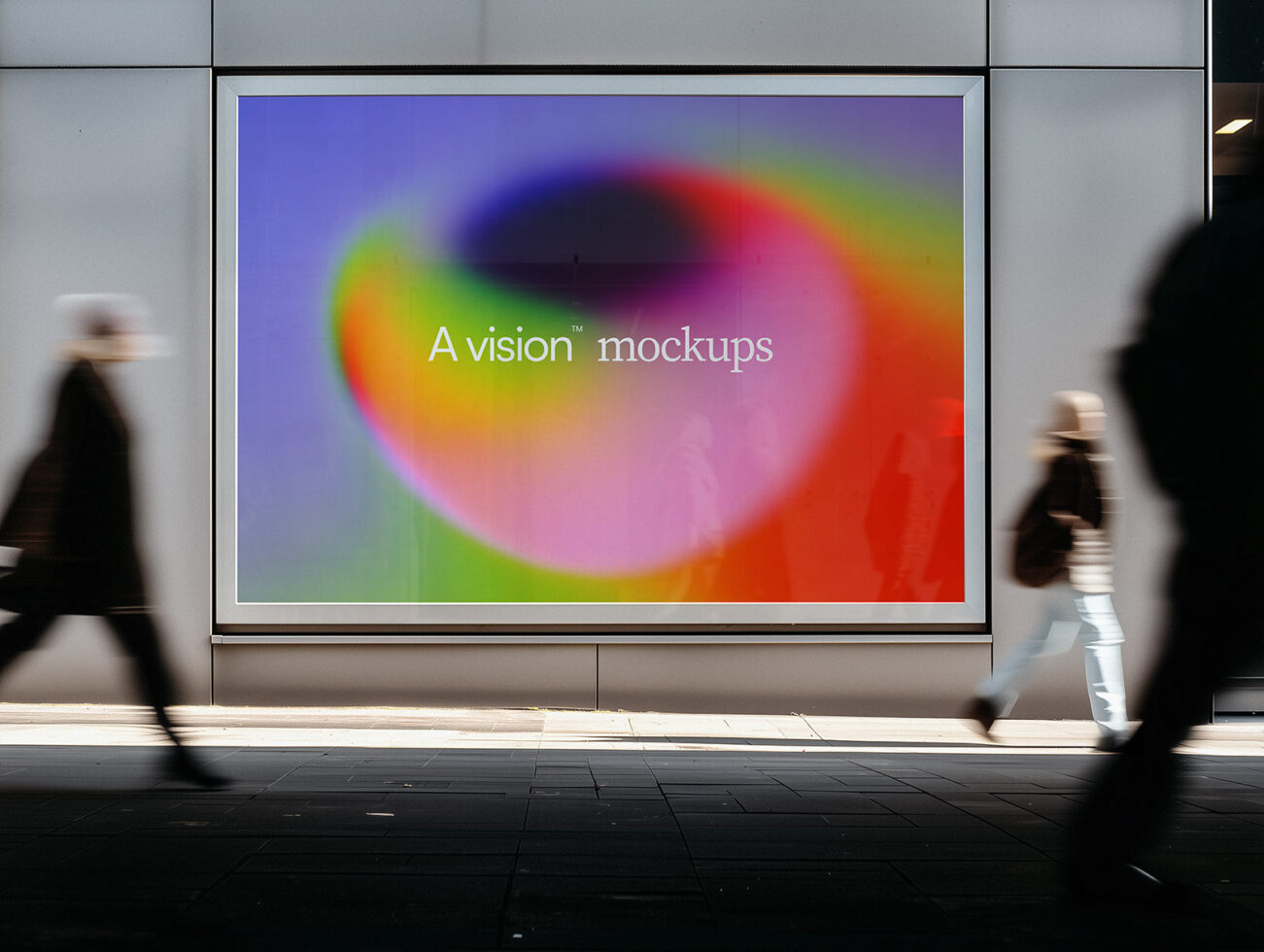 Street billboard with vibrant rainbow gradient circle displaying text on urban storefront