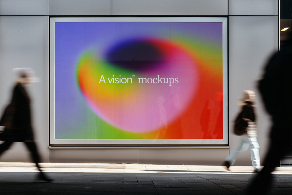 Street billboard featuring colorful radial gradient circle with text overlay on storefront