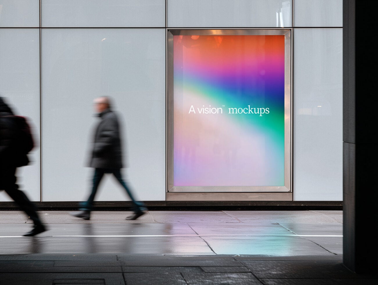 Street storefront window displaying vibrant gradient design with text overlay