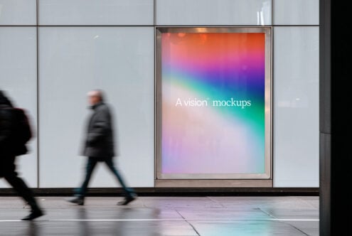 Large window display with colorful gradient transitioning from orange to teal