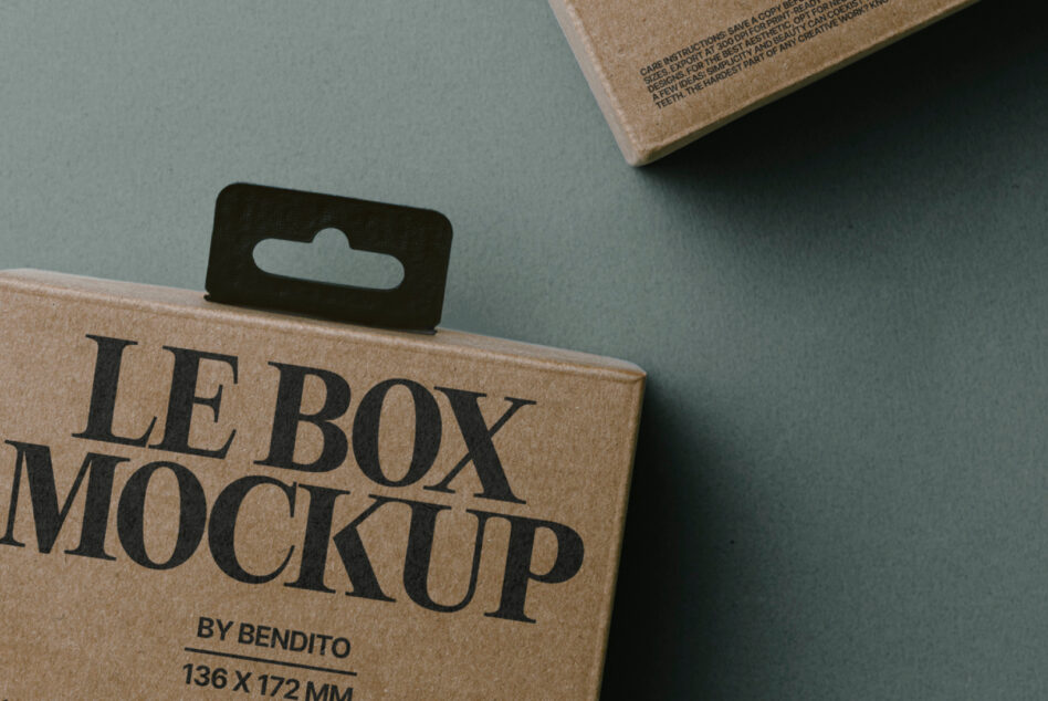 Kraft box mockup with black hang tab close up detail shot