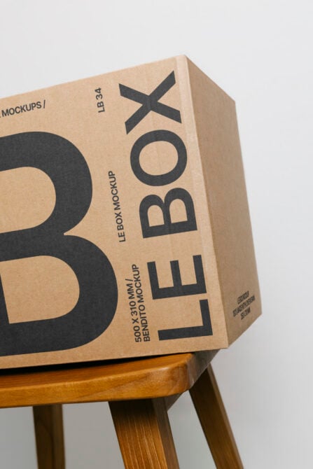 Kraft cardboard box mockup with black X symbol, sitting on wooden stool
