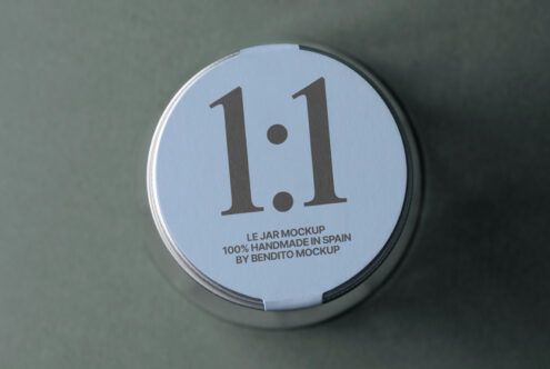 Circular jar lid mockup with 1.1 label on blue background, top view