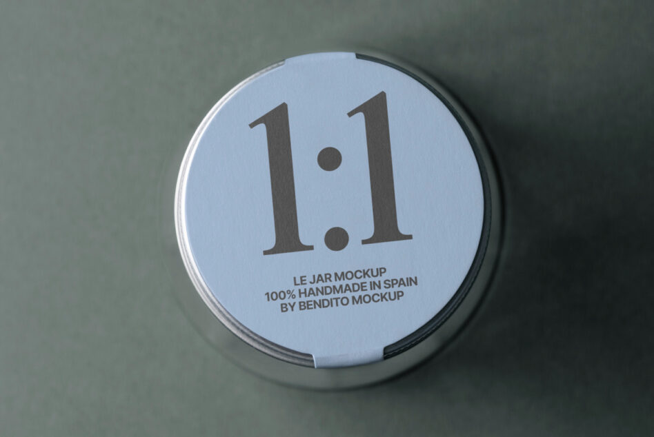 Circular jar lid mockup with 1.1 label on blue background, top view