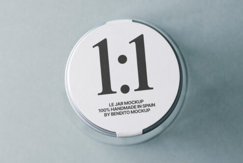 Circular jar lid mockup with 1.1 label on neutral background, top view