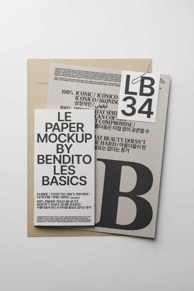 White paper mockup with dark tag on beige envelope, multilingual copy
