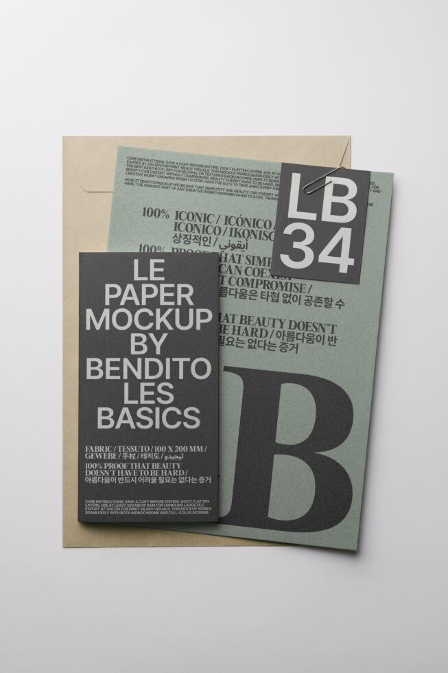 Dark paper mockup with light tag on beige envelope, multilingual text