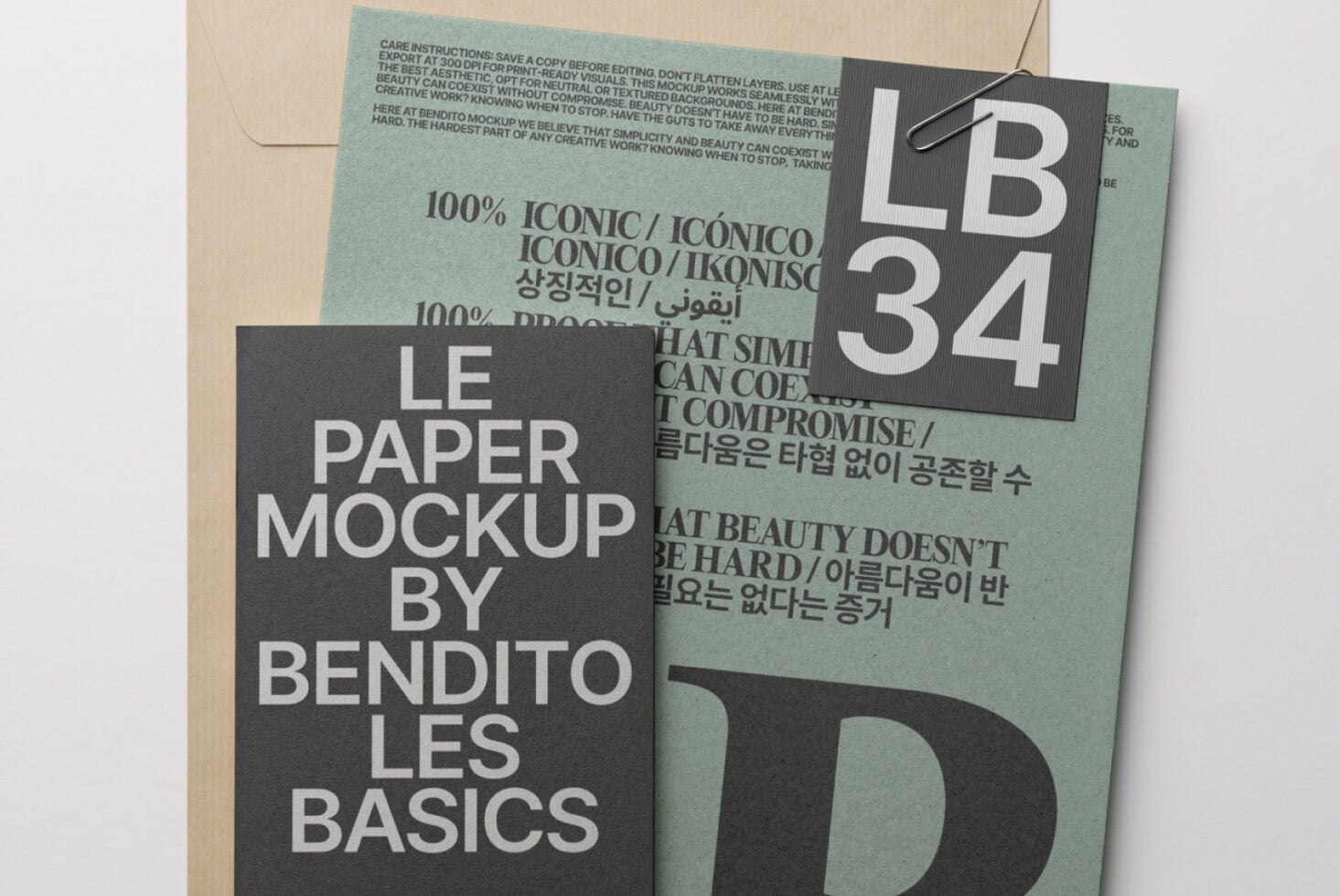 Dark paper mockup with light tag on sage envelope showing large B