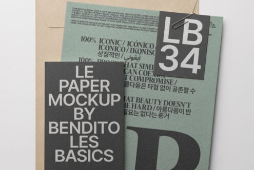 Dark paper mockup with light tag on sage envelope showing large B