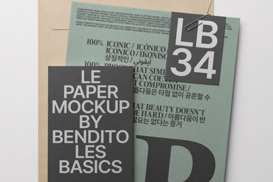Dark paper mockup with light tag on sage envelope showing large B