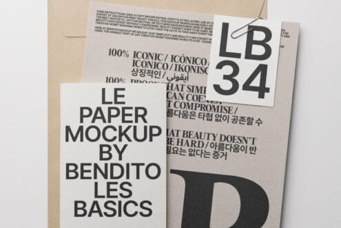 Light paper mockup with dark tag on beige envelope displaying LB34