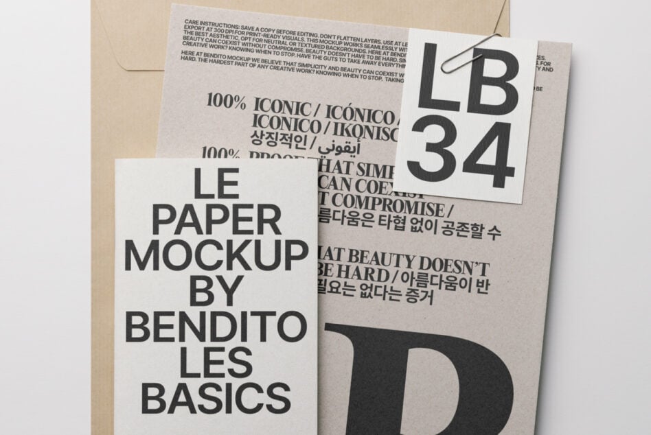 Light paper mockup with dark tag on beige envelope displaying LB34