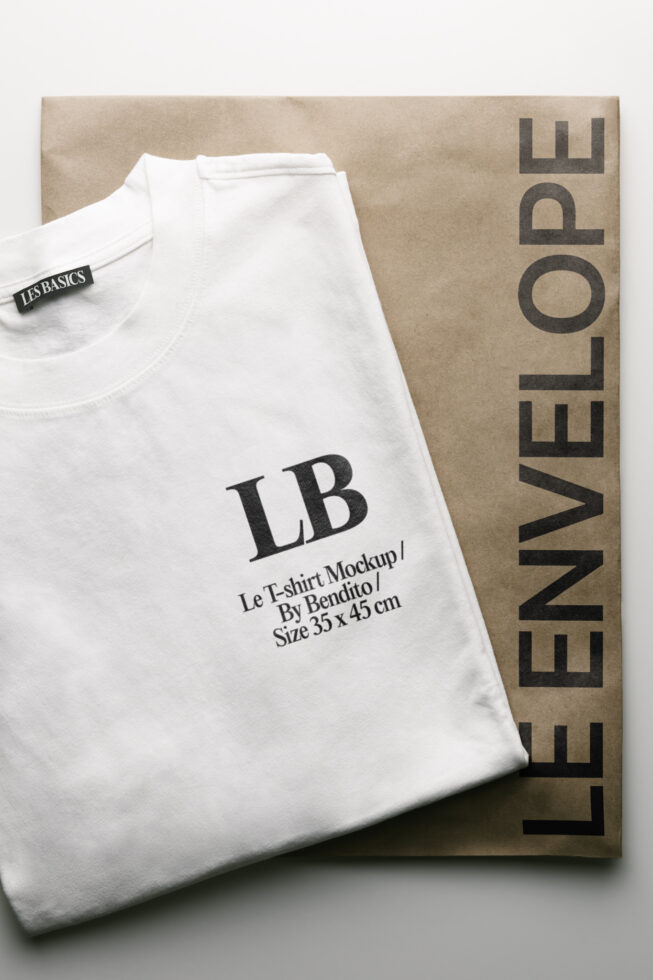 White crewneck tee with LB logo on kraft paper envelope backdrop