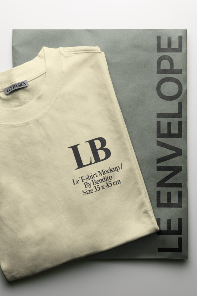 Folded cream t-shirt mockup with LB initials on sage green background