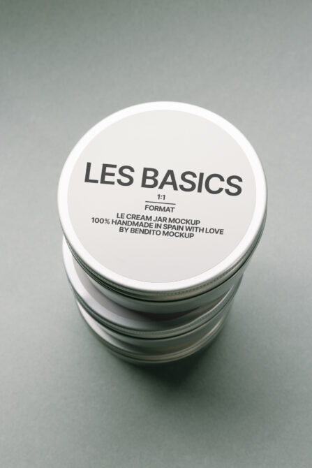 Overhead view of glass jar with white label featuring Les Basics product text