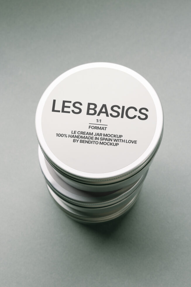 Overhead view of glass jar with white label featuring Les Basics product text