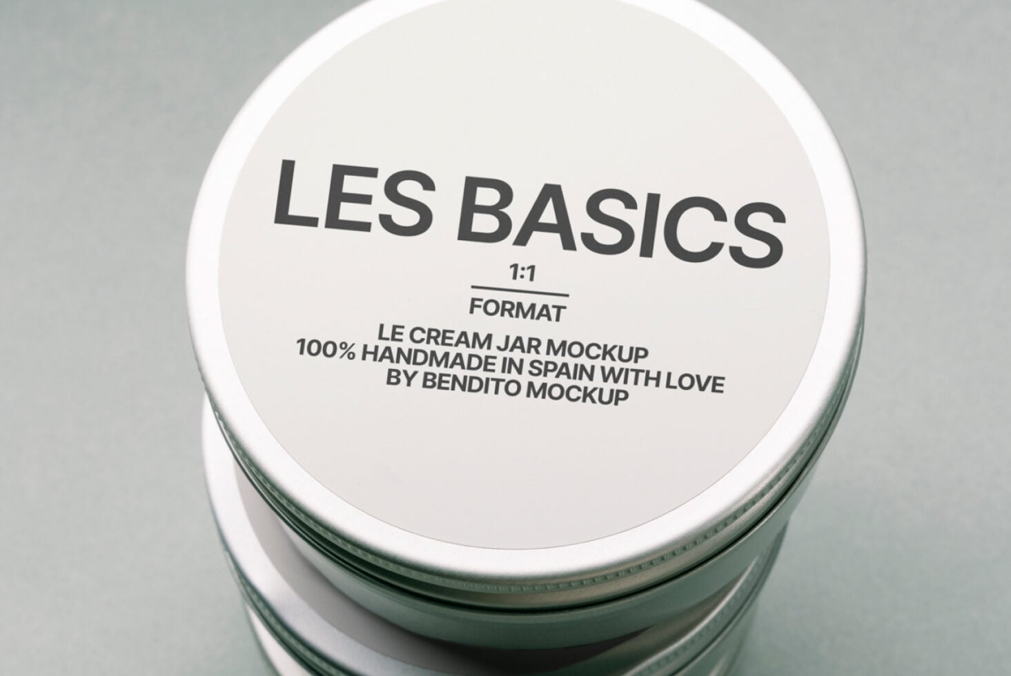 Flat lay of cosmetic jar with cream-colored label on neutral background