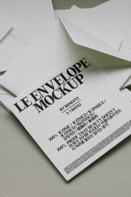 White envelope mockup with large serif text layout on light surface