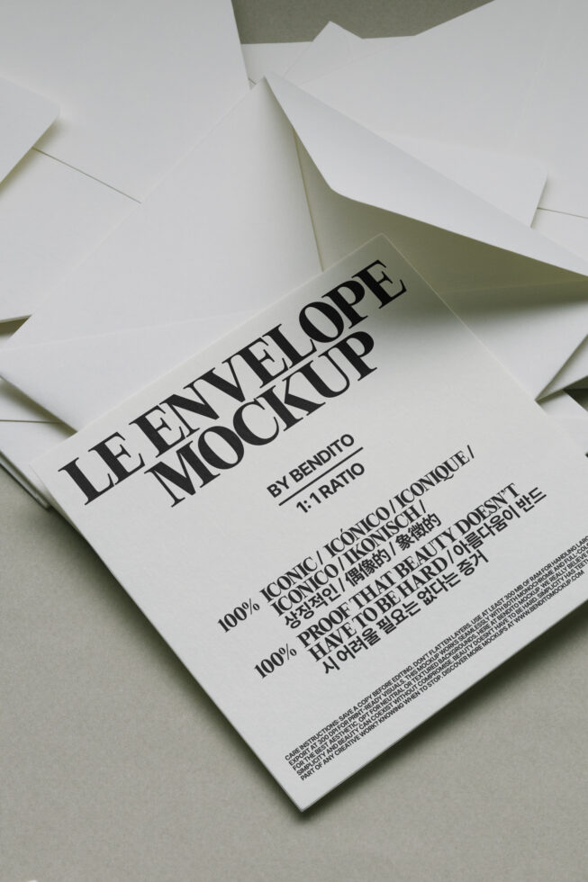 White envelope mockup with large serif text layout on light surface