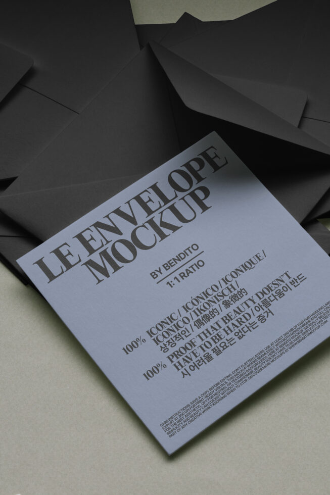 Pale blue envelope mockup with bold serif typography on dark background