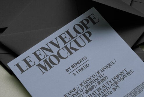 Light blue envelope mockup showing serif title typography closeup