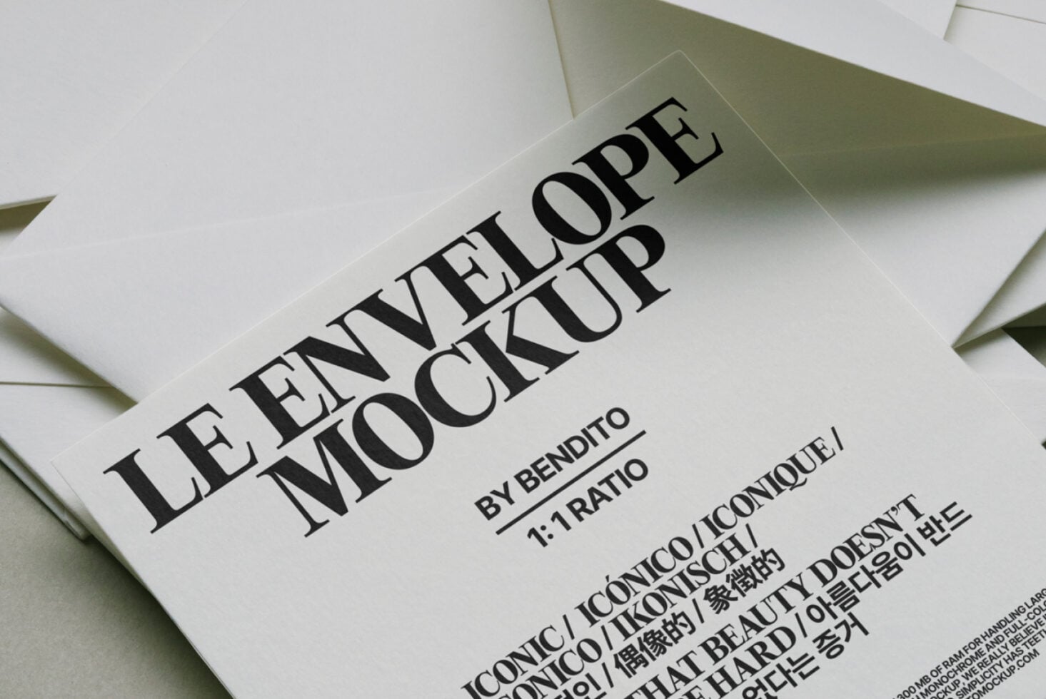 Cream envelope mockup with bold serif lettering on white surface