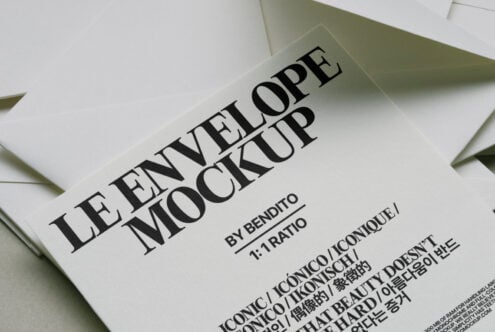 Cream envelope mockup with bold serif lettering on white surface