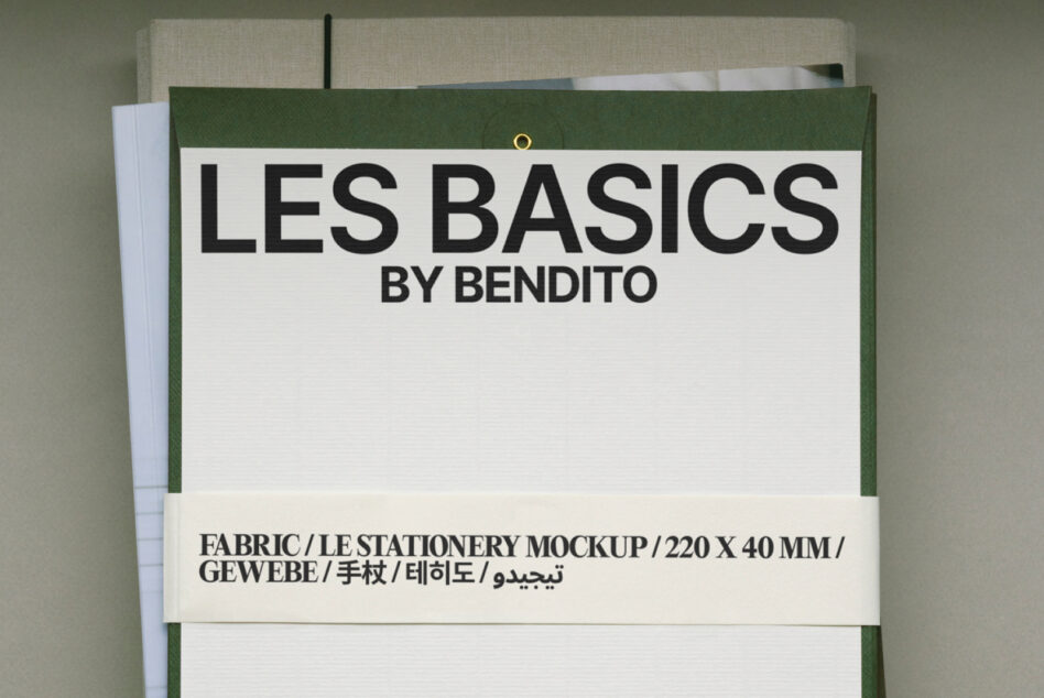 Fabric label mockup flat lay with cream panel, light info band visible