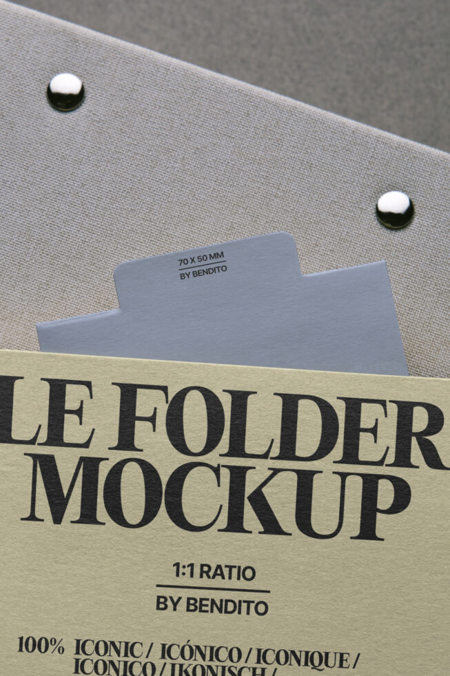 Folder mockup with cream label showing large serif text with blue cardstock