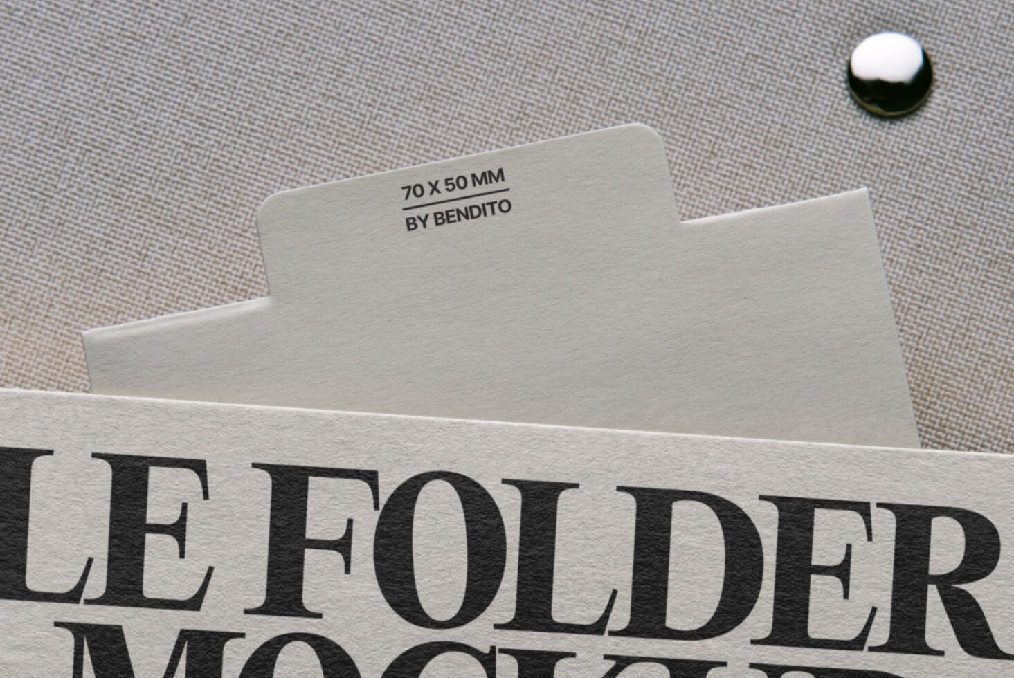 Folder mockup showing cream card label with serif typography on neutral surface