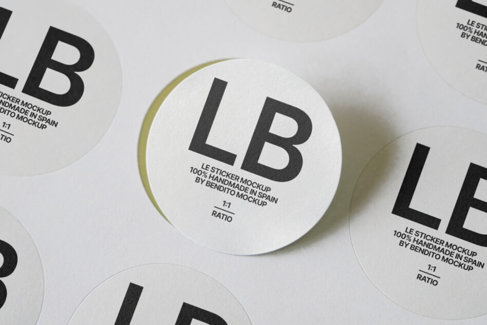 White circular stickers displaying LB branding with soft drop shadows overhead