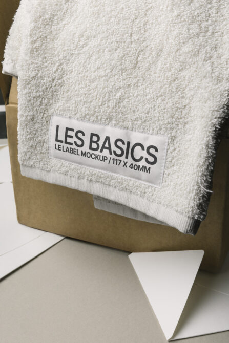 Off-white folded towel with white label mockup on kraft box, open notebook visible