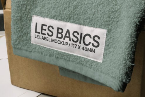 Sage green folded towel with white label mockup, close-up of fabric texture on kraft box