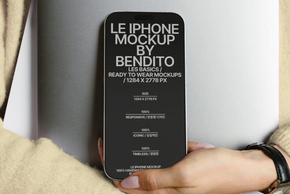 Close up of black iPhone mockup with white text on dark screen