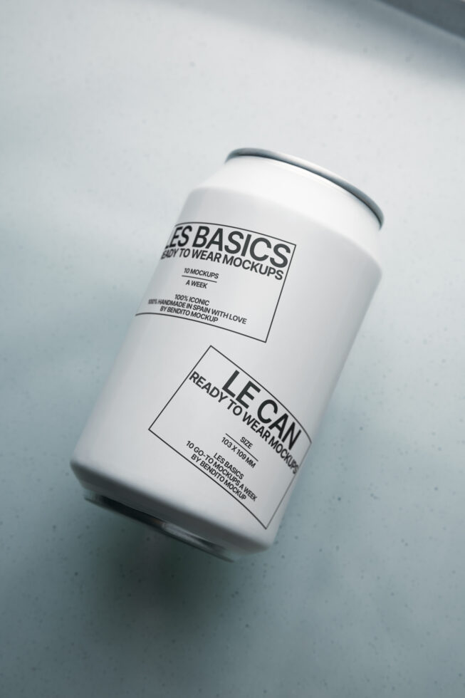 White aluminum can mockup with two rectangular label zones, simple serif type design