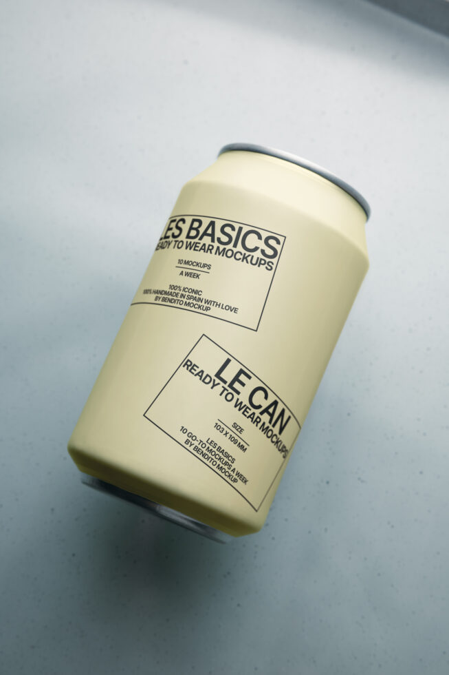 Single cream colored aluminum can mockup with stacked label layout, minimalist black text