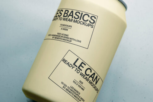 Cream cylinder mockup with Les Basics label featuring black typography on textured background