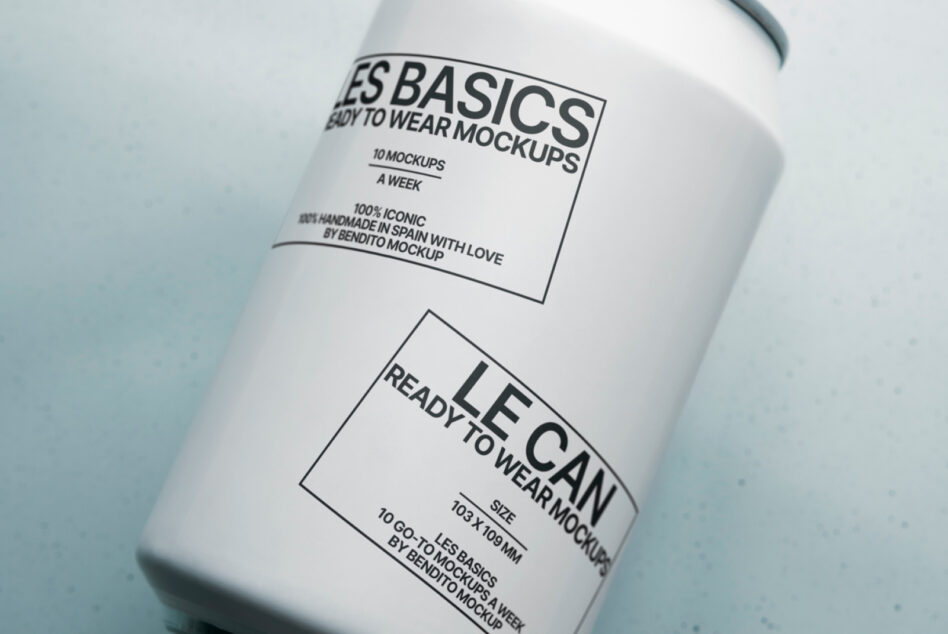 White cylindrical container mockup displaying Les Basics ready to wear label design