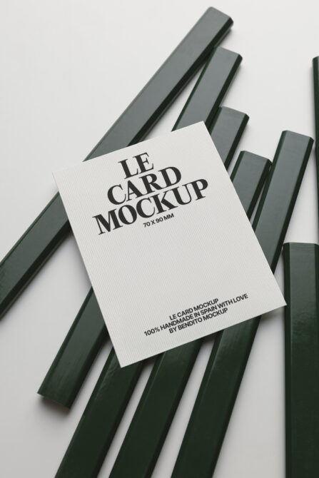 White business card mockup arranged on overlapping sage green rectangular blocks