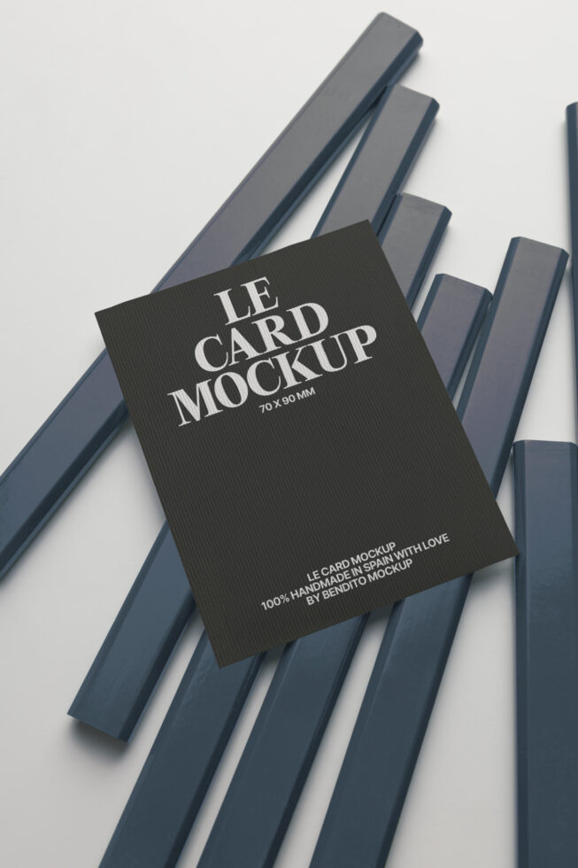 Black business card mockup laid on stacked blue geometric blocks