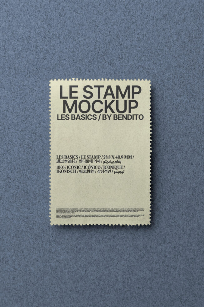 Cream stamp mockup with perforated edges on textured blue paper