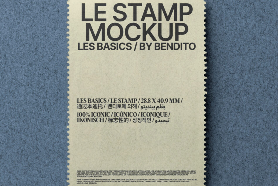 Cream stamp mockup with perforated edges on slate blue fabric